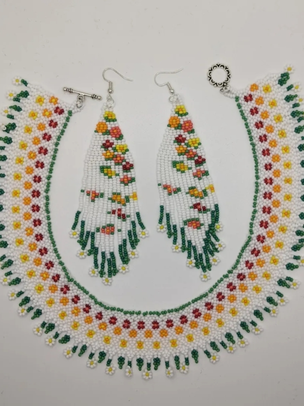 Handmade White Beaded Floral Necklace and Earrings Set